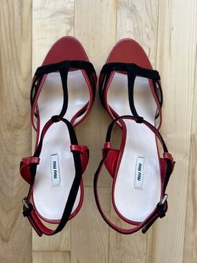 Miu Miu Red and Black T‑Strap with Crystal Encrusted Heels